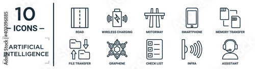 artificial.intelligence linear icon set. includes thin line road, motorway, memory transfer, graphene, infra, assistant, file transfer icons for report, presentation, diagram, web design