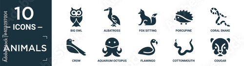 filled animals icon set. contain flat big owl, albatross, fox sitting, porcupine, coral snake, crow, aquarium octopus, flamingo, cottonmouth, cougar icons in editable format..