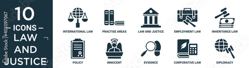 filled law and justice icon set. contain flat international law, practise areas, law and justice, employment law, inheritance policy, innocent, evidence, corporative diplomacy icons in editable.