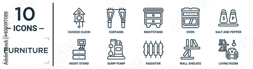 furniture linear icon set. includes thin line cuckoo clock, nightstand, salt and pepper shakers, sump pump, wall shelves, living room, night stand icons for report, presentation, diagram, web design