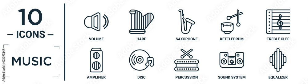 music linear icon set. includes thin line volume, saxophone, treble clef, disc, sound system, equalizer, amplifier icons for report, presentation, diagram, web design