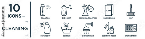 cleaning linear icon set. includes thin line shampoo, chemical reaction, mop, squeeze, cleaning tools, sterilization, detergent icons for report, presentation, diagram, web design