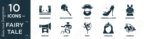 filled fairy tale icon set. contain flat drawbridge, enchantment, pirate, cinderella shoe, werewolf, fanfare, giant, fairy, princess, chimera icons in editable format..