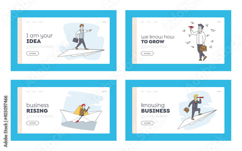 Goal Achievement and Leadership Landing Page Template Set. Business Characters Sail Paper Boat, Flying on Airplane