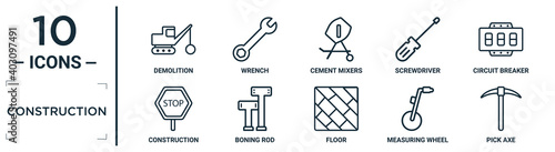 construction linear icon set. includes thin line demolition, cement mixers, circuit breaker, boning rod, measuring wheel, pick axe, construction icons for report, presentation, diagram, web design