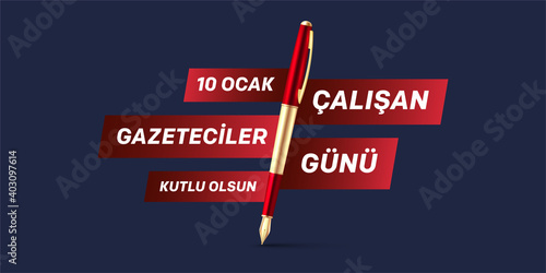 Pen with text spaceTranslation: 10 January Working Journalist Day (Turkish: 10 Ocak Calısan Gazeteciler Günü) design with pigeon with pen. Vector illustration.
