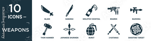 filled weapons icon set. contain flat blade, samurai, molotov cocktail, boards, bazooka, thor hammer, japanese shuriken, burst, 2 katanas, shooting target icons in editable format..