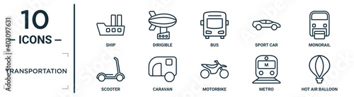 transportation linear icon set. includes thin line ship, bus, monorail, caravan, metro, hot air balloon, scooter icons for report, presentation, diagram, web design
