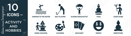 filled activity and hobbies icon set. contain flat jumping to the water, golf playing, gliding parachutist, yoga, cosplaying, model building, coloring, baccarat, greedy, meditating icons in editable.