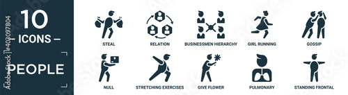 filled people icon set. contain flat steal, relation, businessmen hierarchy, girl running, gossip, null, stretching exercises, give flower, pulmonary, standing frontal man icons in editable format..