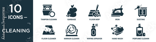 filled cleaning icon set. contain flat tampon cleanin, garbage, floor mop, iron, dusting, floor cleaner, mirror cleanin, wiping sprayer, hand wash, perfume cleanin icons in editable format..