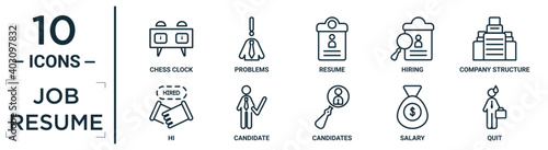 job.resume linear icon set. includes thin line chess clock, resume, company structure, candidate, salary, quit, hi icons for report, presentation, diagram, web design