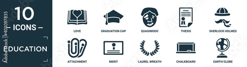 filled education icon set. contain flat love, graduation cap, quasimodo, thesis, sherlock holmes, attachment, merit, laurel wreath, chalkboard, earth globe icons in editable format..