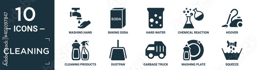 filled cleaning icon set. contain flat washing hand, baking soda, hard water, chemical reaction, hoover, cleaning products, dustpan, garbage truck, washing plate, squeeze icons in editable format..