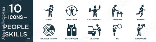filled people skills icon set. contain flat doubt, sensitivity, calligraphist, gardener, runner, radar detection, safety vesty, chauffer, de, announcer icons in editable format..