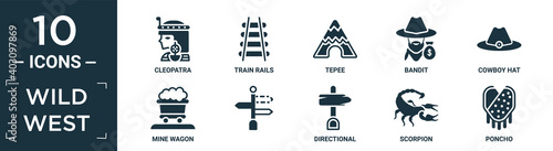 filled wild west icon set. contain flat cleopatra, train rails, tepee, bandit, cowboy hat, mine wagon, , directional, scorpion, poncho icons in editable format..