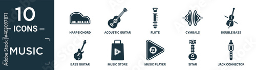 filled music icon set. contain flat harpsichord, acoustic guitar, flute, cymbals, double bass, bass guitar, music store, music player, sitar, jack connector icons in editable format..