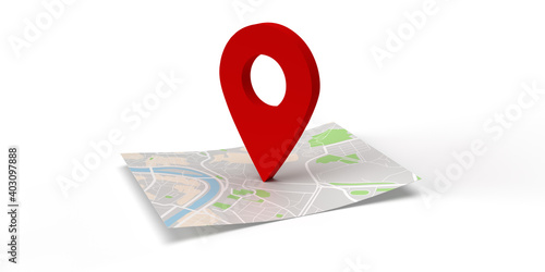 A 3D rendered big red map locator pointing on a destination on a flat small map. The map is isolated on white background with shadow.