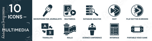filled multimedia icon set. contain flat microphone for journalists, multimedia, database analysis, fast, play button in broken line, translate, rolls, science conference, interface, portable video.