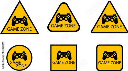 6 different types of danger play area signs on a black and yellow background, easily editable EPS
