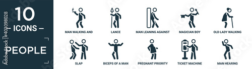 filled people icon set. contain flat man walking and smoking, lance, man leaning against the wall, magician boy, old lady walking, slap, biceps of a man, pregnant priority, ticket machine, hearing.