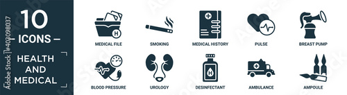 filled health and medical icon set. contain flat medical file, smoking, medical history, pulse, breast pump, blood pressure, urology, desinfectant, ambulance, ampoule icons in editable format..