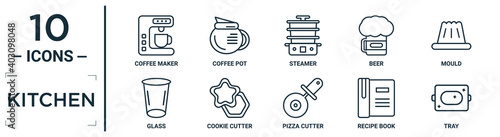 kitchen linear icon set. includes thin line coffee maker, steamer, mould, cookie cutter, recipe book, tray, glass icons for report, presentation, diagram, web design