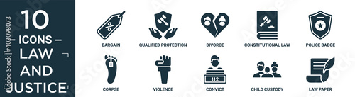 filled law and justice icon set. contain flat bargain, qualified protection, divorce, constitutional law, police badge, corpse, violence, convict, child custody, law paper icons in editable format..