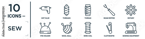 sew linear icon set. includes thin line hot glue, thread, rotary, wool ball, clothespin, sewing equipment, pin holder icons for report, presentation, diagram, web design