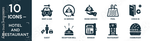 filled hotel and restaurant icon set. contain flat rent a car, 24 service, room service, pool, check in, guest, reception bell, minibar, restaurant, hamburger icons in editable format..