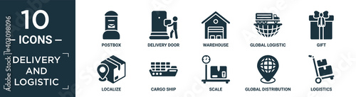 filled delivery and logistic icon set. contain flat postbox, delivery door, warehouse, global logistic, gift, localize, cargo ship, scale, global distribution, logistics icons in editable format..