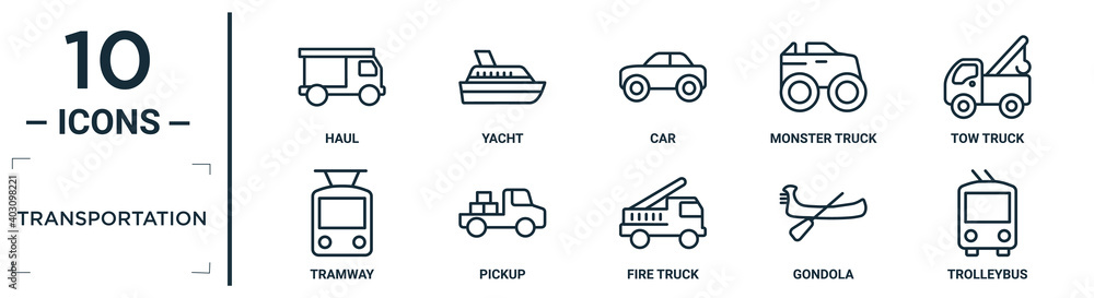 transportation linear icon set. includes thin line haul, car, tow truck, pickup, gondola, trolleybus, tramway icons for report, presentation, diagram, web design