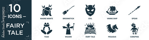 filled fairy tale icon set. contain flat madre monte, broomstick, evil, viking ship, spear, toad, wizard, fairy tale, pegasus, curupira icons in editable format..