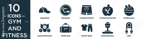 filled gym and fitness icon set. contain flat headgear, treadmill, fitness shorts, fitness nutrition, fitness ball, elevation mask, sport bag, sport wear, punching ball, grip icons in editable.
