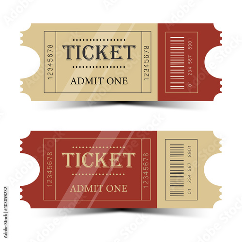 Set of red retro tickets travel cinema theater admit one