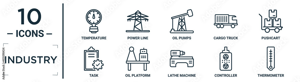 industry linear icon set. includes thin line temperature, oil pumps, pushcart, oil platform, controller, thermometer, task icons for report, presentation, diagram, web design