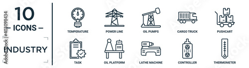 industry linear icon set. includes thin line temperature, oil pumps, pushcart, oil platform, controller, thermometer, task icons for report, presentation, diagram, web design