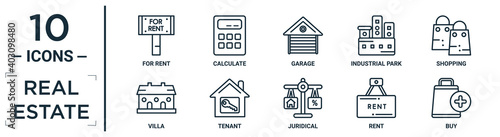 real.estate linear icon set. includes thin line for rent, garage, shopping, tenant, rent, buy, villa icons for report, presentation, diagram, web design