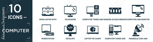 filled computer icon set. contain flat open laptop with shining screen, televisions, computer tower and monitor, random access memory chip, computer and monitor, workstation, develope, laptop pie.