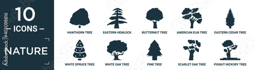 filled nature icon set. contain flat hawthorn tree, eastern hemlock tree, butternut tree, american elm eastern cedar white spruce white oak pine scarlet oak pignut hickory icons in editable format.. photo