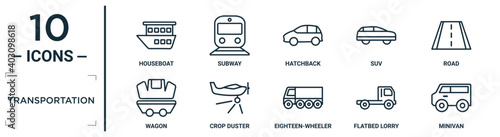 transportation linear icon set. includes thin line houseboat, hatchback, road, crop duster, flatbed lorry, minivan, wagon icons for report, presentation, diagram, web design