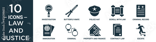 filled law and justice icon set. contain flat investigation, butterfly knife, police hat, scroll with law, criminal record, immigration, criminal, property and finance, contract law, escape icons in.