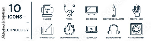 technology linear icon set. includes thin line dialysis, lcd screen, robotic hand, stopwatch running, big headphones, camera shutter, drawing tablet icons for report, presentation, diagram, web