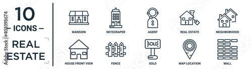 real.estate linear icon set. includes thin line mansion, agent, neighborhood, fence, map location, wall, house front view icons for report, presentation, diagram, web design