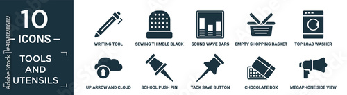 filled tools and utensils icon set. contain flat writing tool, sewing thimble black variant, sound wave bars, empty shopping basket, top load washer, up arrow and cloud, school push pin, tack save.