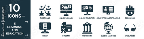 filled e learning and education icon set. contain flat raise hand, online library, online education, computer-based training, pencil box, sheet, diploma, university, global learning, eyeglasses.