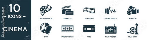 filled cinema icon set. contain flat negative film, subtitle, filmstrip, sound effect, turn on, dvd, photograms, vhs, film poster, film star icons in editable format..