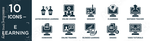 filled e learning icon set. contain flat asynchronous learning, online course, geology, e learning, distance teacher, homework, online training, blended learning, grades, video tutorials icons in.