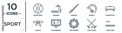 sport linear icon set. includes thin line basketball, fencing, gymnastics, scoreboard, polo sport, long jump, karate icons for report, presentation, diagram, web design