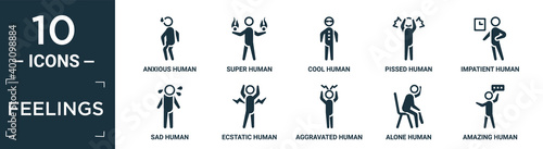 filled feelings icon set. contain flat anxious human, super human, cool human, pissed impatient sad ecstatic aggravated alone amazing icons in editable format..